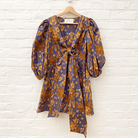 Eugenia Fernandez || Puff Sleeve Tie Front Keyhole Floral Mini Dress Large - Picture 1 of 8